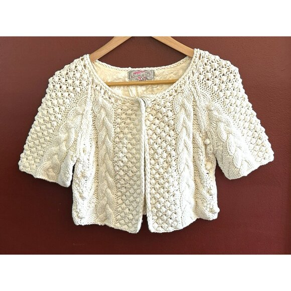 Vintage-Inspired Ecote Ivory Cable Knit Open-Front Cropped Cardigan Small - Picture 2 of 7